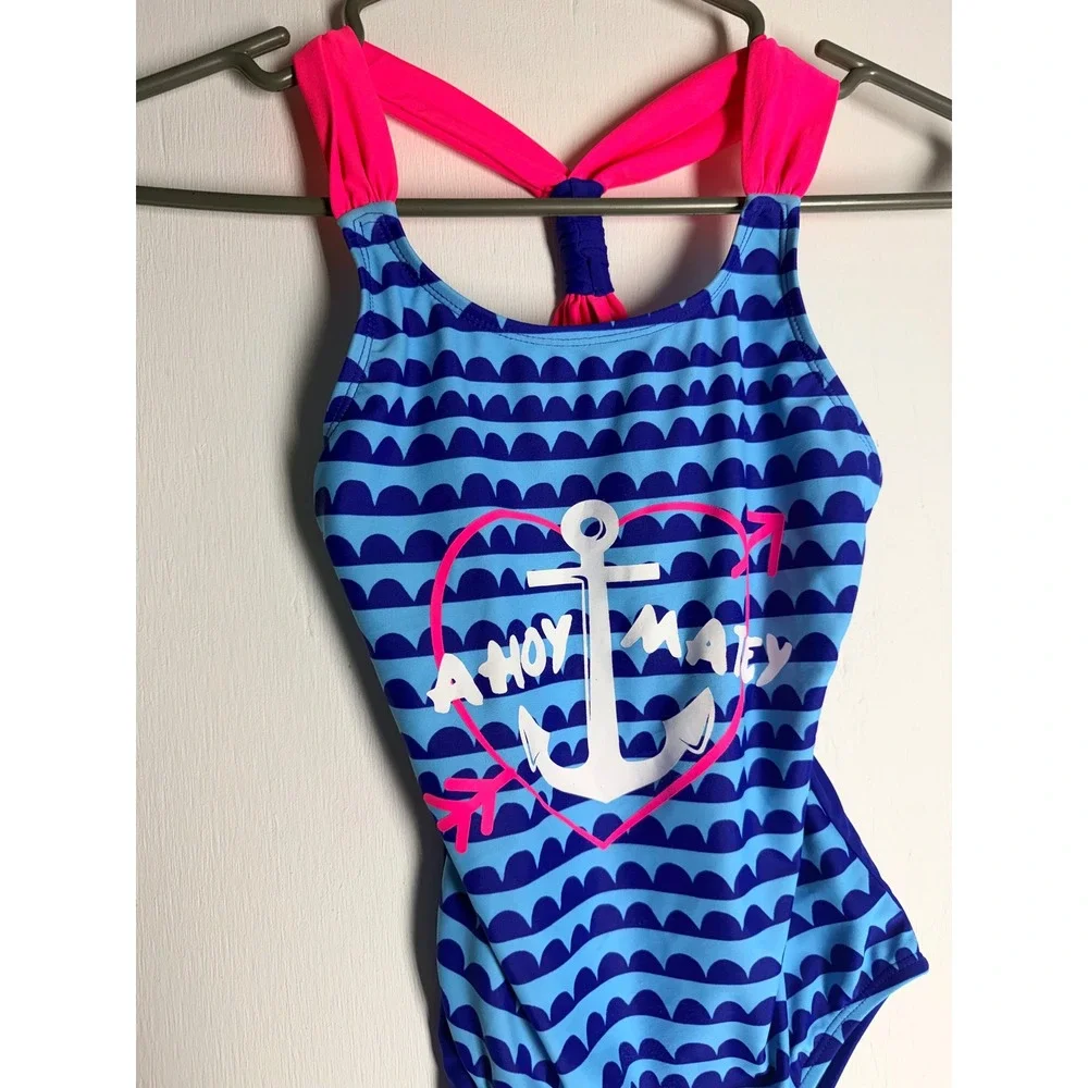 Circo Girls Blue Pink Ahoy Matey Anchor One Piece Swimsuit Size M 7/8 Nautical